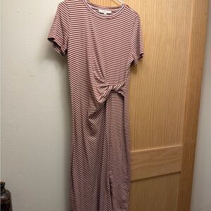 LOFT Brown and White Striped Midi Dress